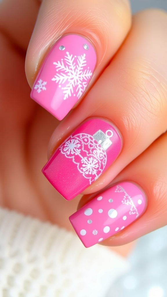 Pink Christmas Ornament Nail Art Close-up of pink Christmas ornament nail art with glitter and festive designs.